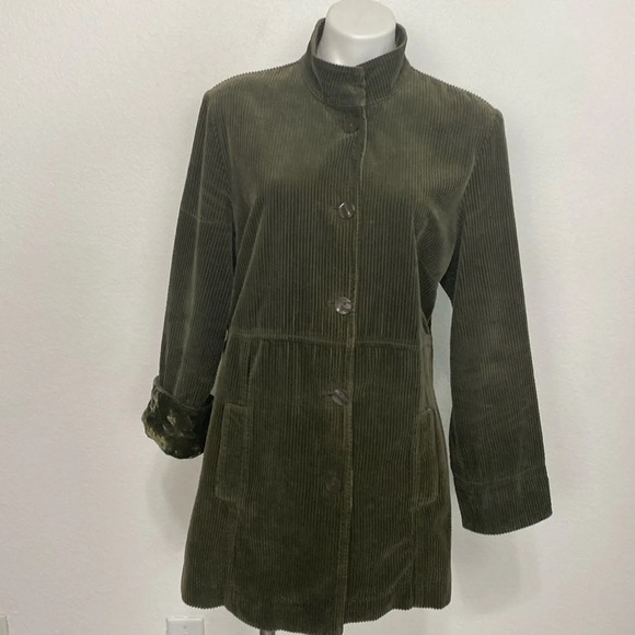 J.Jill Olive Green Preppy Wide Whale Corduroy Peplum Back Mandarin Collar Coat L - Picture 1 of 10